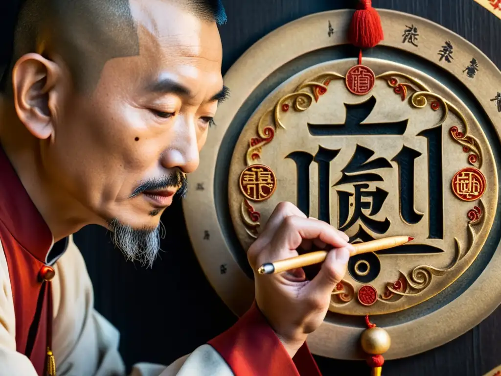 Un sacerdote taoísta escribe símbolos en un talismán circular