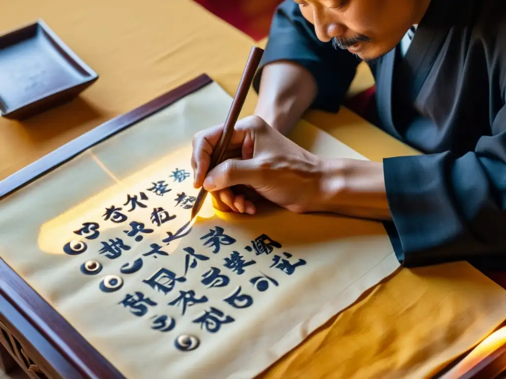 Un sacerdote taoísta escribe talismanes protectores con intensa concentración bajo la suave luz de las velas
