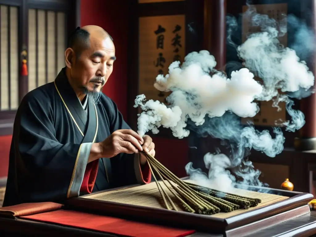 Un sacerdote taoísta lanza varillas de adivinación I Ching en un ritual, con humo de incienso y antigüedades al fondo