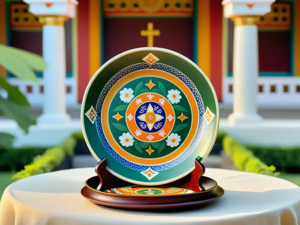 Un sacerdote en traje tradicional realiza el significado y ceremonia Namakarana sánscrito con reverencia, en un patio de templo sereno y exuberante