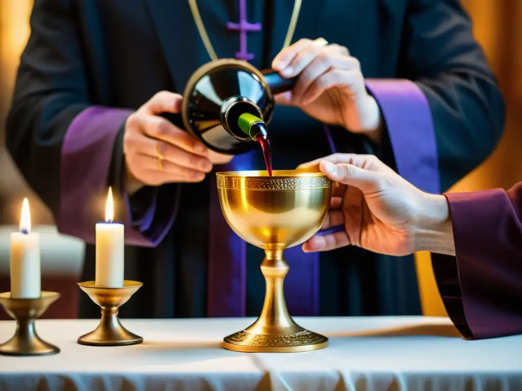 Sacerdote vierte vino en cáliz durante ceremonia religiosa cristiana, destacando la importancia del vino en rituales cristianos