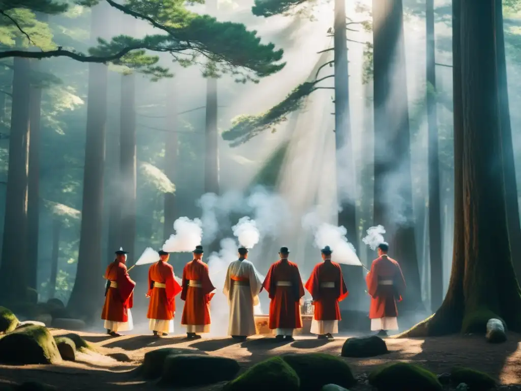 Sacerdotes sintoístas en ceremonia de purificación en bosque sagrado, exudando reverencia y conexión espiritual