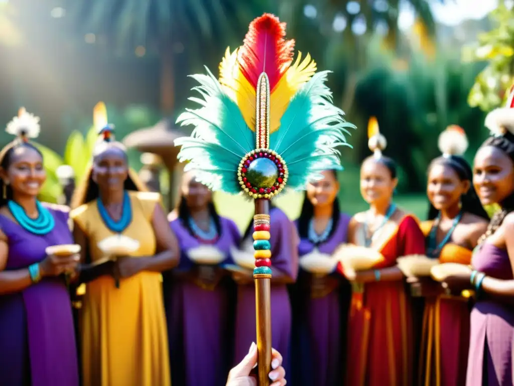 Una sacerdotisa sostiene un dispositivo ritual de fertilidad tallado con plumas y gemas, rodeada de mujeres en un jardín exuberante y colorido