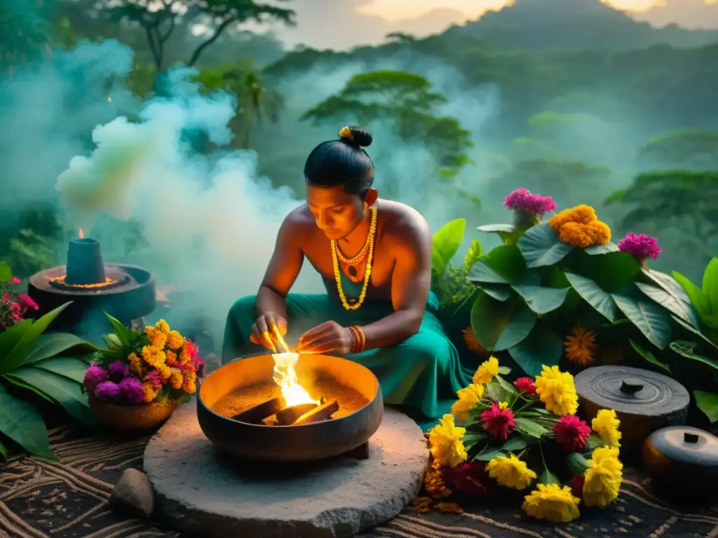 Aromaterapia sagrada con incienso: Ceremonia maya al amanecer en la selva, el humo del copal se eleva entre las ruinas antiguas y las flores vibrantes