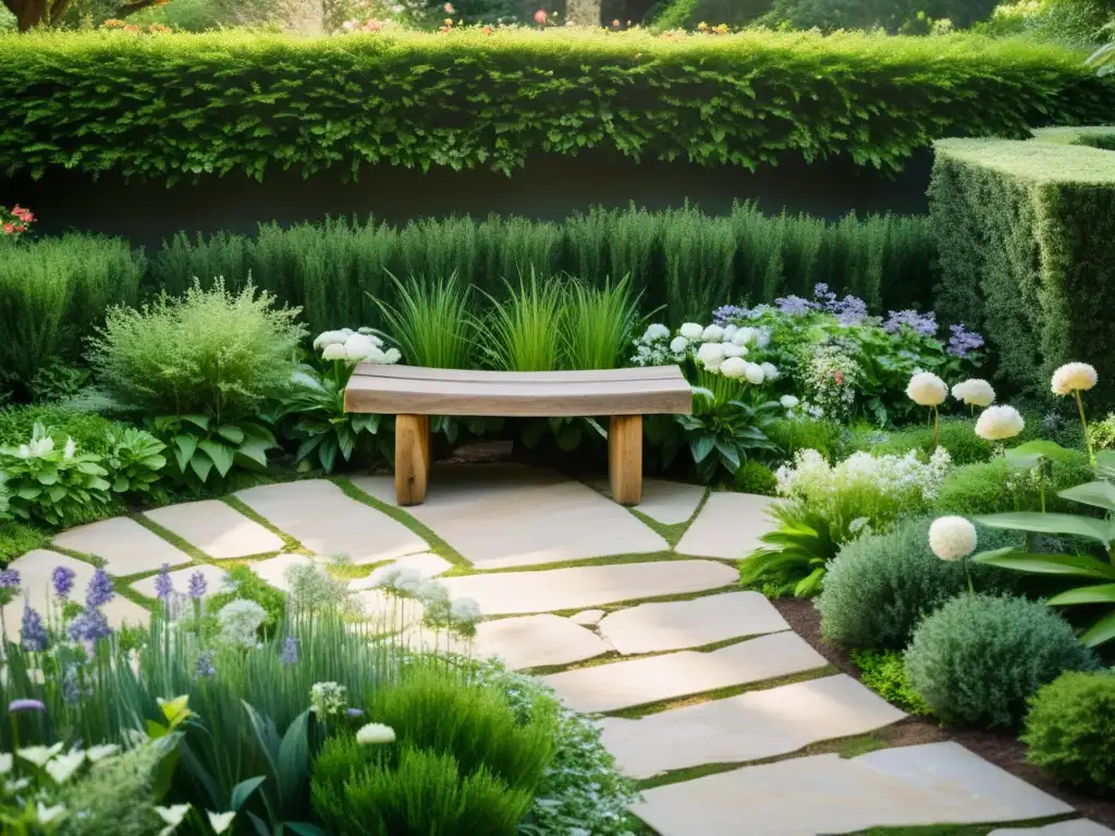 Un jardín sagrado para meditar, con plantas exuberantes y un espacio de serenidad