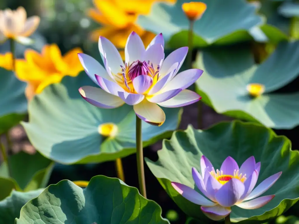 Un jardín sagrado para meditación con plantas vibrantes y una flor de loto en plena floración