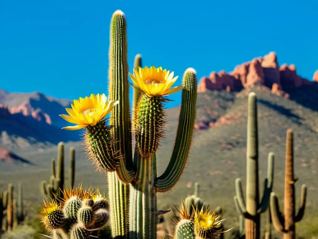 Un saguaro cactus floreciente destaca en el desierto de Arizona