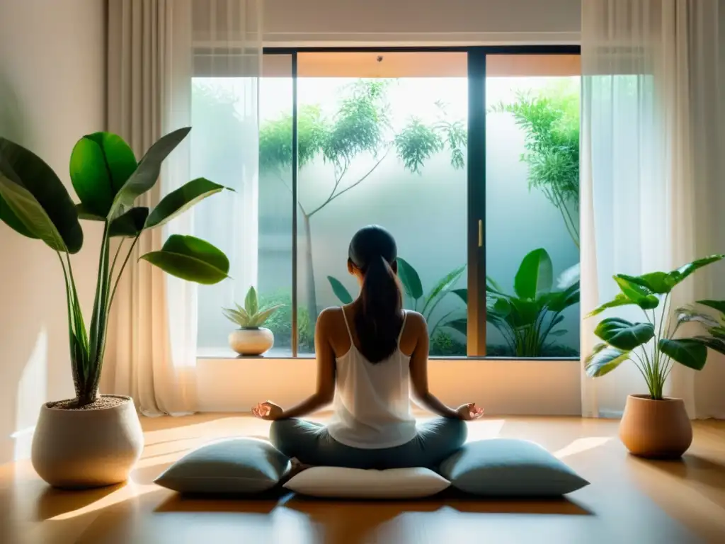 Una sala de estar serena y minimalista, con luz natural suave y ambiente de meditación, ideal para probar las mejores apps de meditación guiada