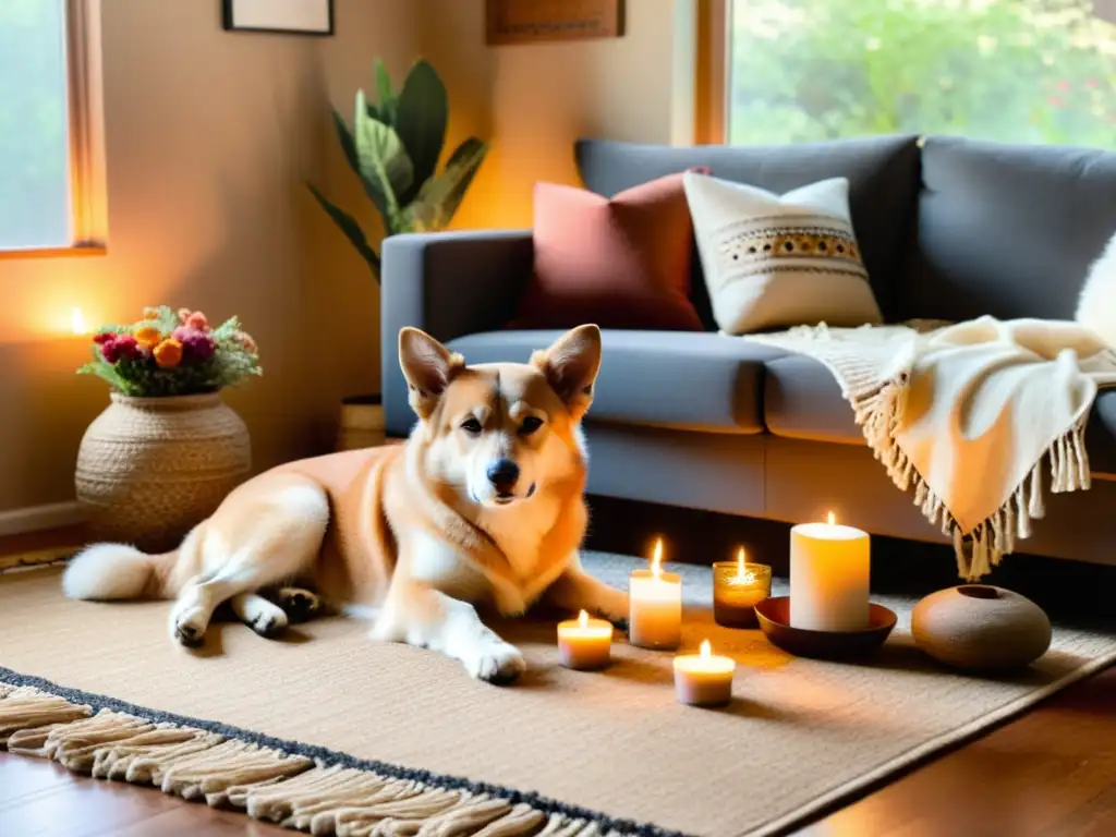 Un salón acogedor con tonos cálidos y texturas naturales, donde mascotas y rituales de integración crean armonía y tranquilidad