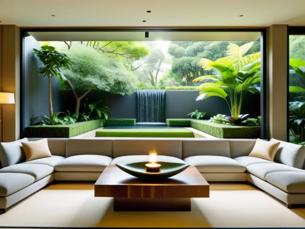 Salón armonizado con consejos Feng Shui para armonizar hogar, con ventana grande y jardín sereno