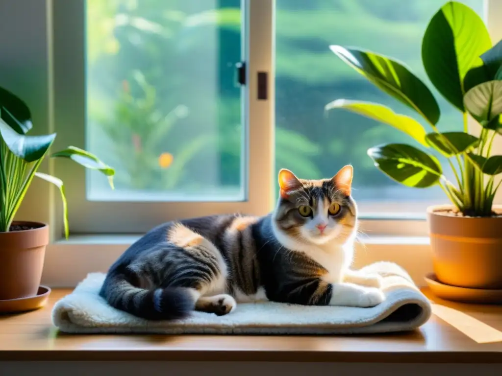 Un salón sereno con mascotas relajadas, luz natural y plantas, ideal para rituales de integración de mascotas en espacios sagrados