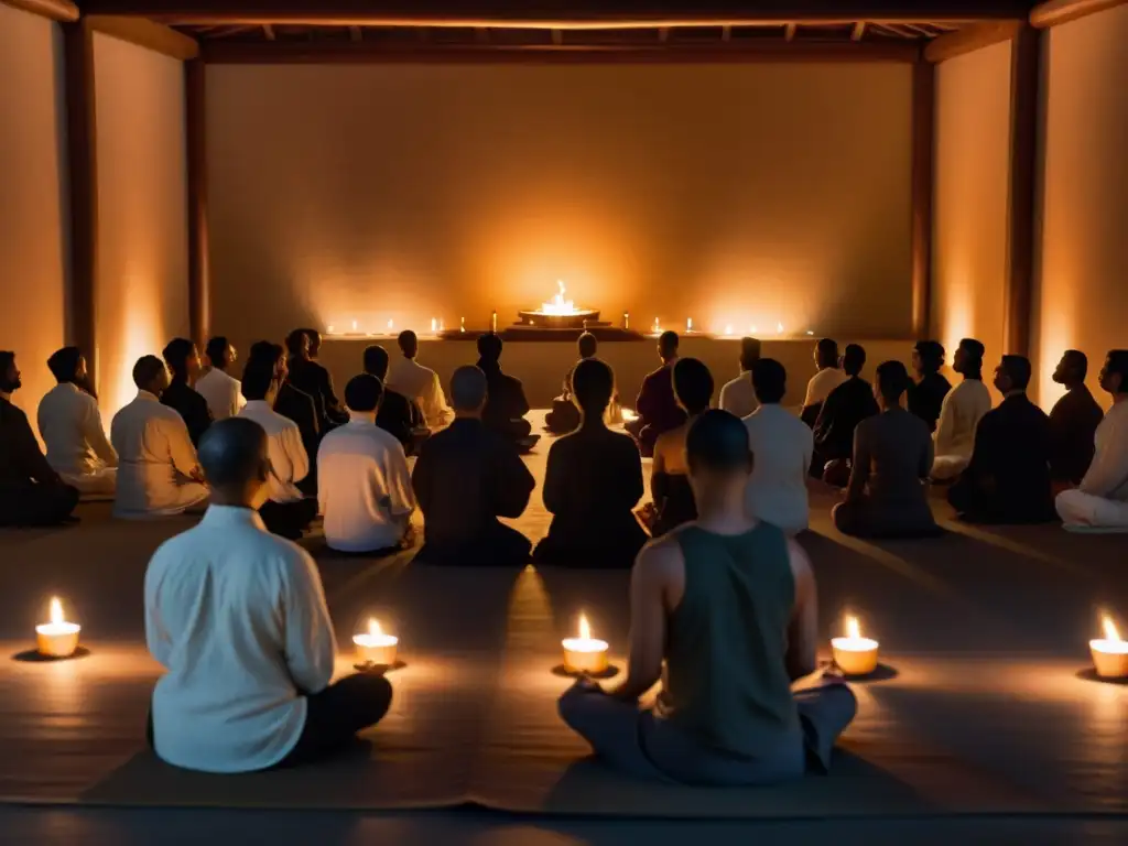 Un salón de meditación tranquilo y tenue iluminado por velas, con participantes en silenciosa contemplación