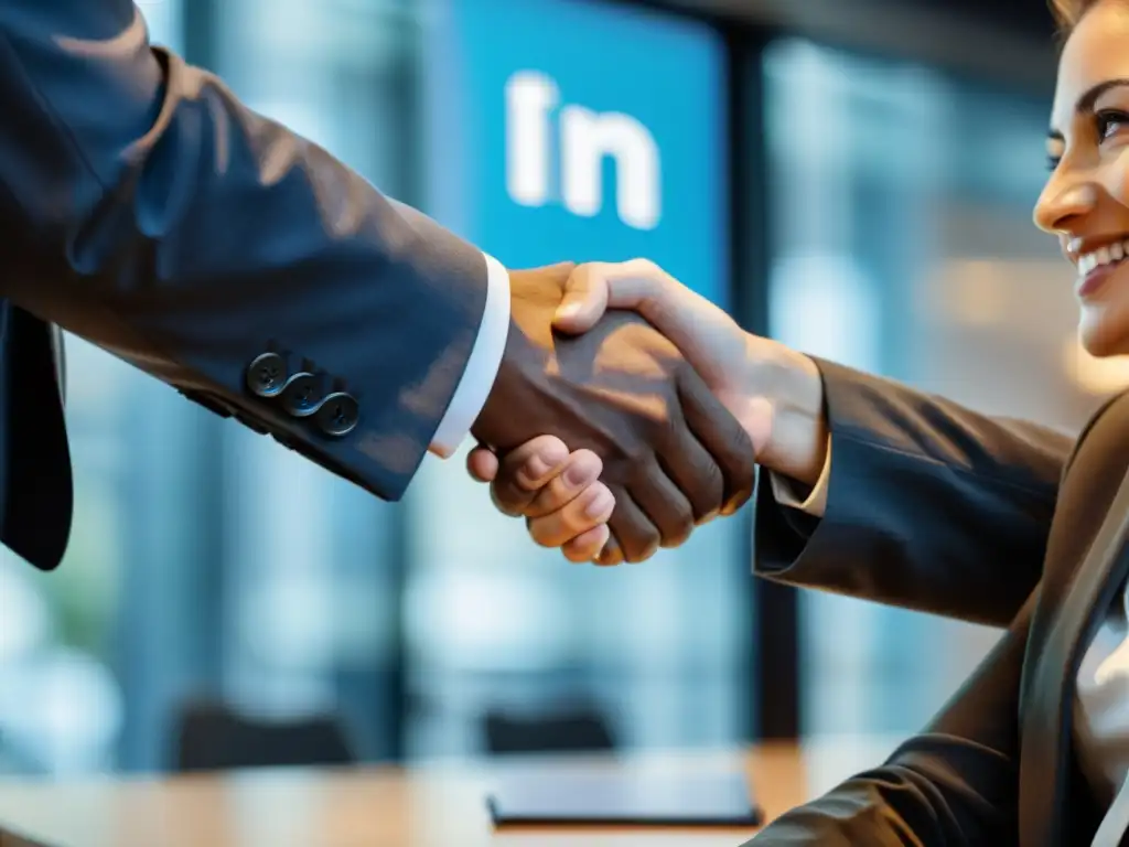 Un saludo firme entre profesionales en un entorno corporativo, simbolizando rituales profesionales en LinkedIn y la confianza en las conexiones