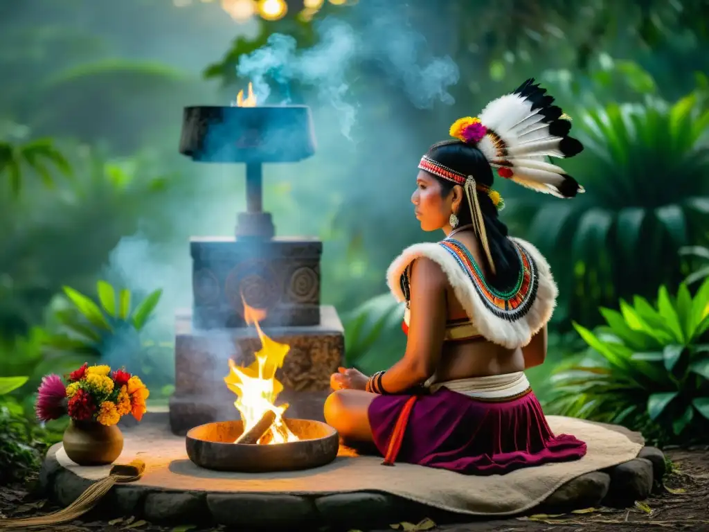 Salvaguardia de rituales milenarios: ceremonia maya al amanecer en la selva, con chaman y nativos en un altar de piedra con flores y humo de incienso