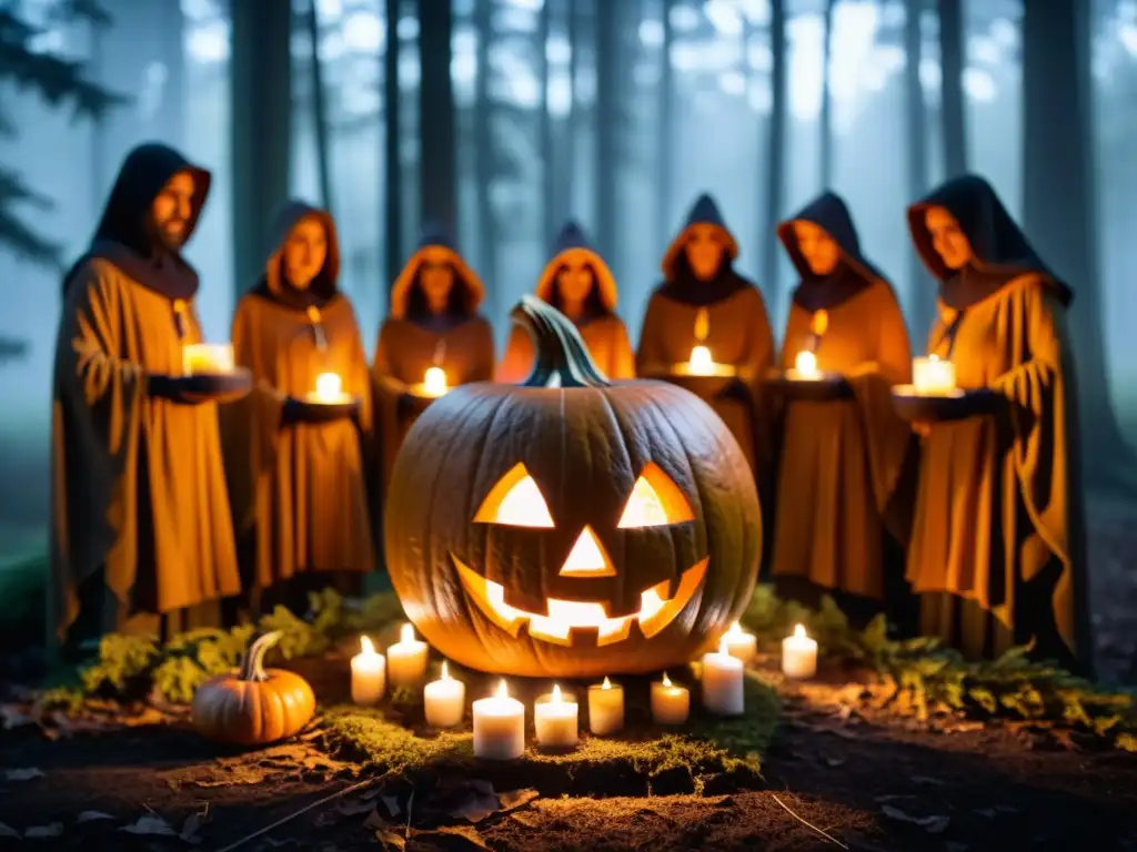 Samhain neopagano: un ritual con calabaza tallada iluminada en altar de piedra, rodeado de celebrantes en un claro del bosque