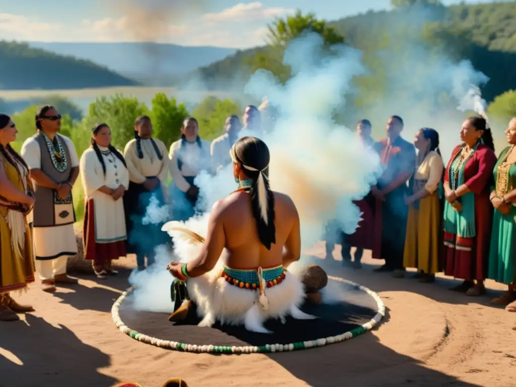 Sanación ancestral nativa: curandero realiza ritual con humo, plumas y hierbas, rodeado de participantes en círculo