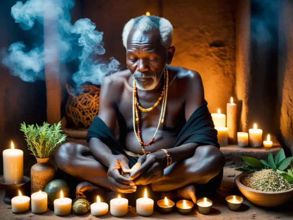 Sanador africano en ritual de medicina tradicional, rodeado de hierbas y herramientas, en ambiente de sabiduría ancestral