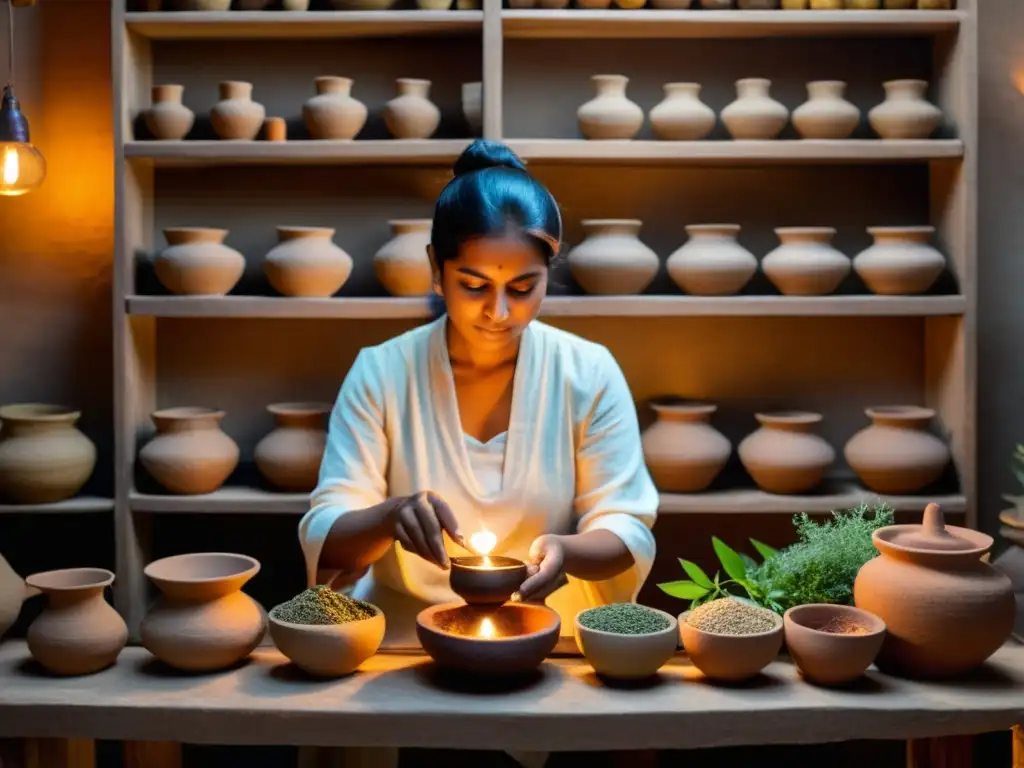 Un sanador Ayurveda preparando hierbas medicinales en un entorno rústico y tenue