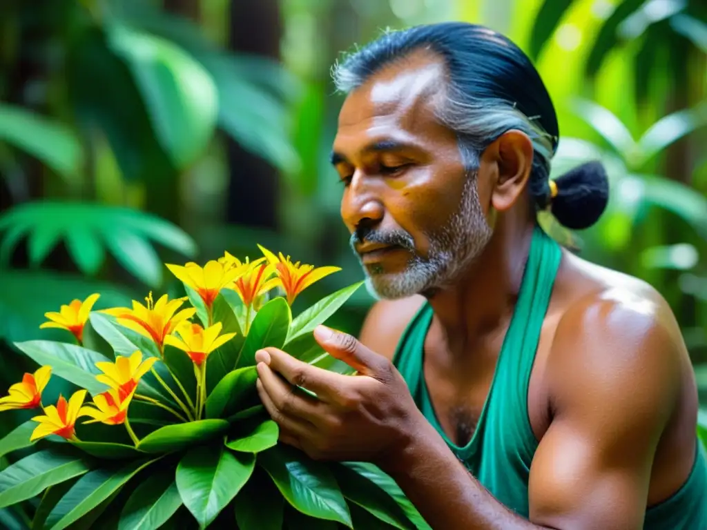 Un sanador indígena selecciona con cuidado hojas verdes y flores coloridas en la exuberante selva tropical