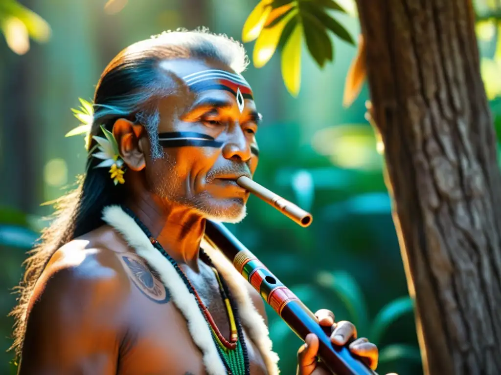 Un sanador indígena toca una flauta ritual en el bosque, resaltando la importancia de los instrumentos musicales en la medicina tradicional