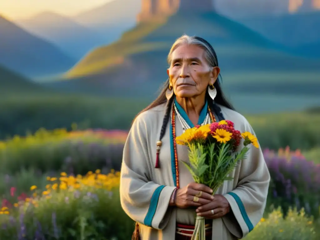 Un sanador nativo en un campo soleado, rodeado de flores silvestres, sostiene hierbas sagradas