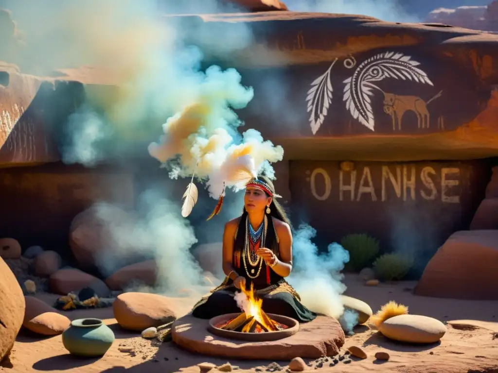 Sanador nativo realiza un ritual ancestral entre humo de hierbas, plumas y petroglifos, evocando la conexión espiritual con la naturaleza