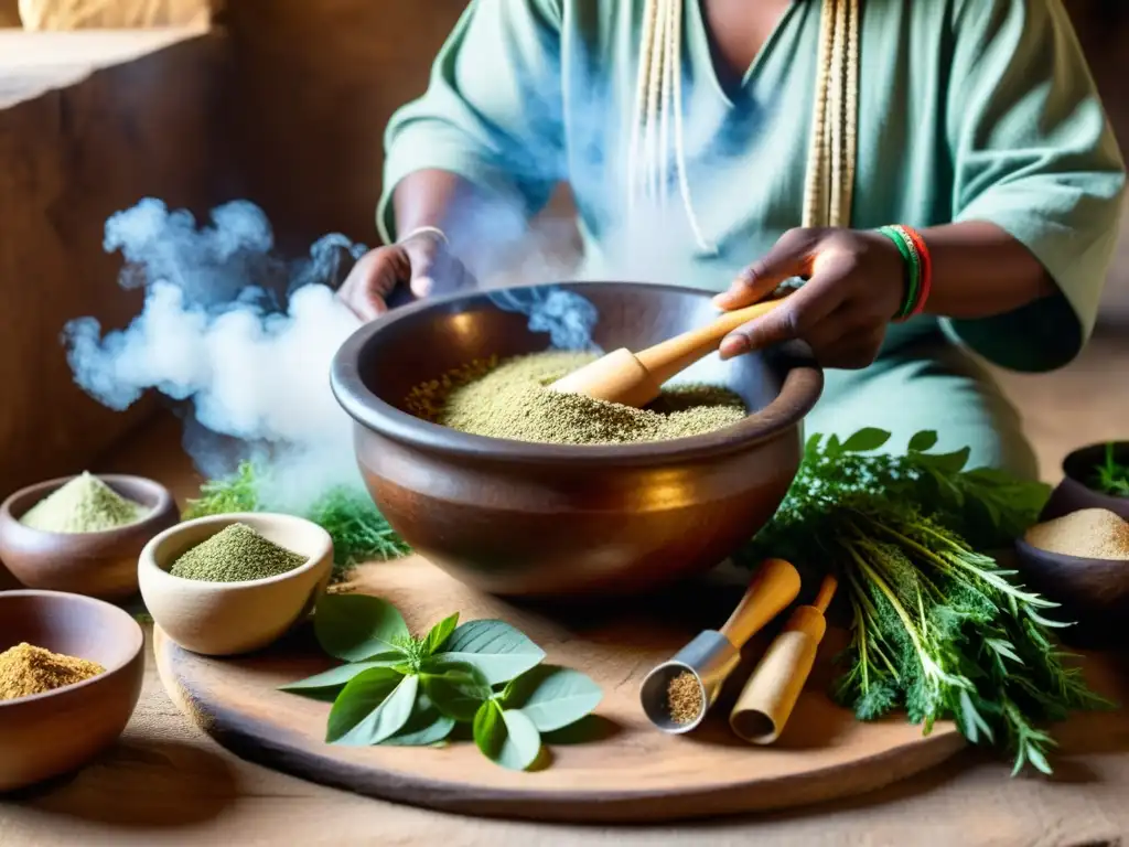 Un sanador tradicional prepara una dieta sagrada en rituales curativos, rodeado de hierbas y plantas