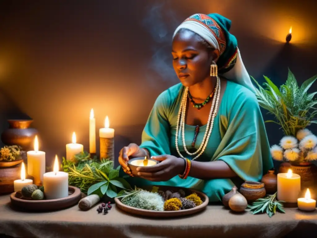 Un sanador tradicional realiza un ritual con hierbas aromáticas y velas, creando una atmósfera mística y serena