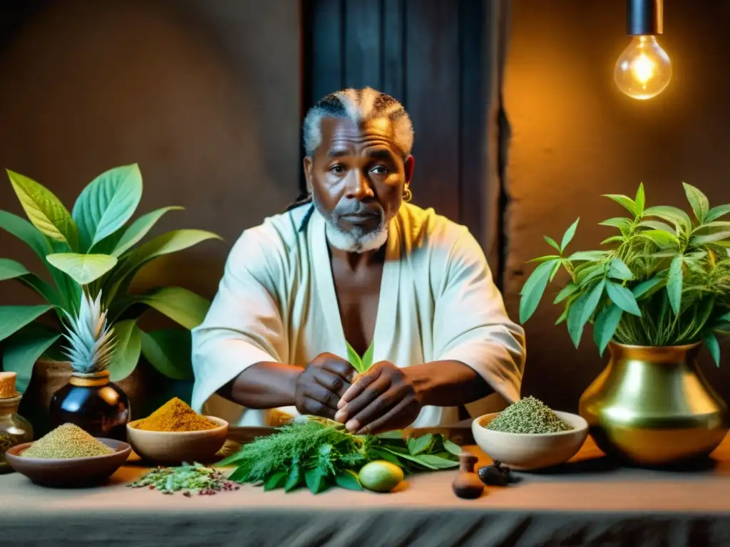 Un sanador tradicional rodeado de plantas medicinales, preparando remedios naturales en un entorno rústico y tenue