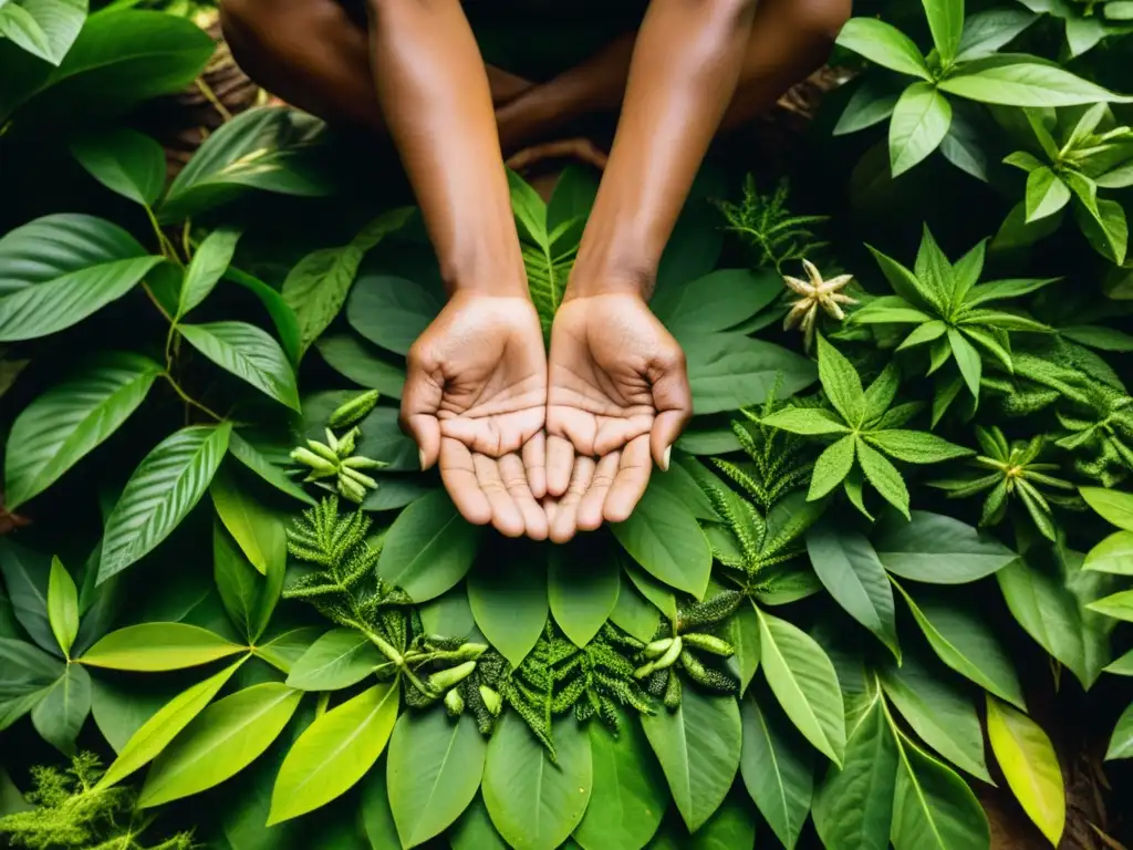 Un sanador tradicional en la selva amazónica realiza rituales de medicina natural con plantas, rodeado de exuberante vegetación