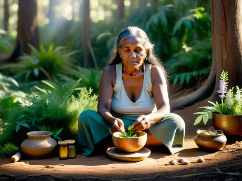 Una sanadora aborigen prepara una poción ritual en el bosque