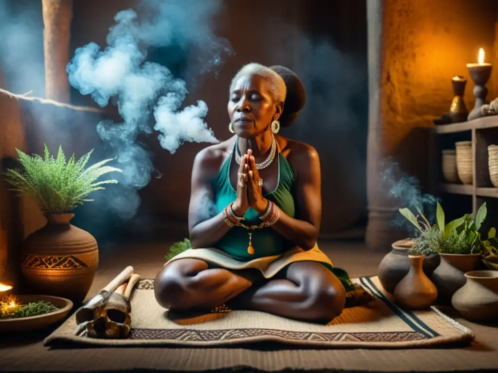 Un sanadora africana realiza un ritual de medicina tradicional en un ambiente místico con hierbas y huesos