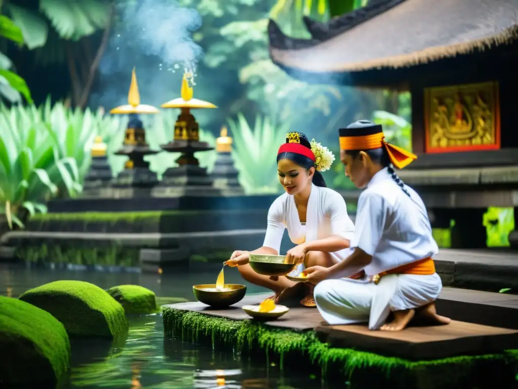 Sanadores balineses realizando ceremonias de sanación en el templo sagrado Tirta Empul, con ofrendas, incienso y agua bendita, en un ambiente sereno entre antiguas esculturas de piedra y exuberante vegetación