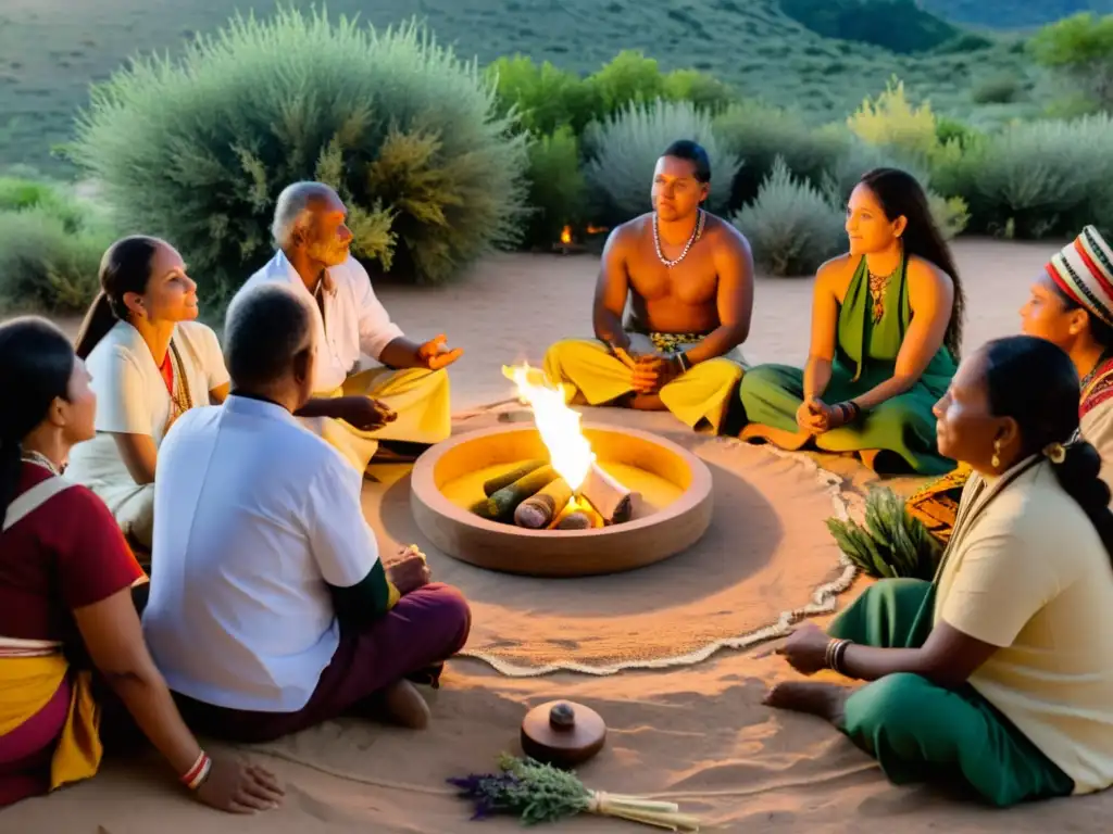 Sanadores indígenas realizan ritual de sanación al aire libre al atardecer