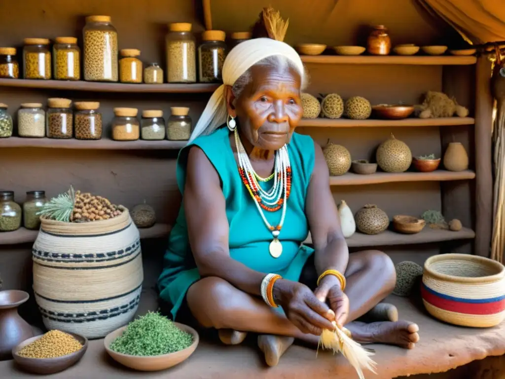 Una Sangoma anciana realiza rituales de sanación en su cabaña, rodeada de hierbas y herramientas tradicionales