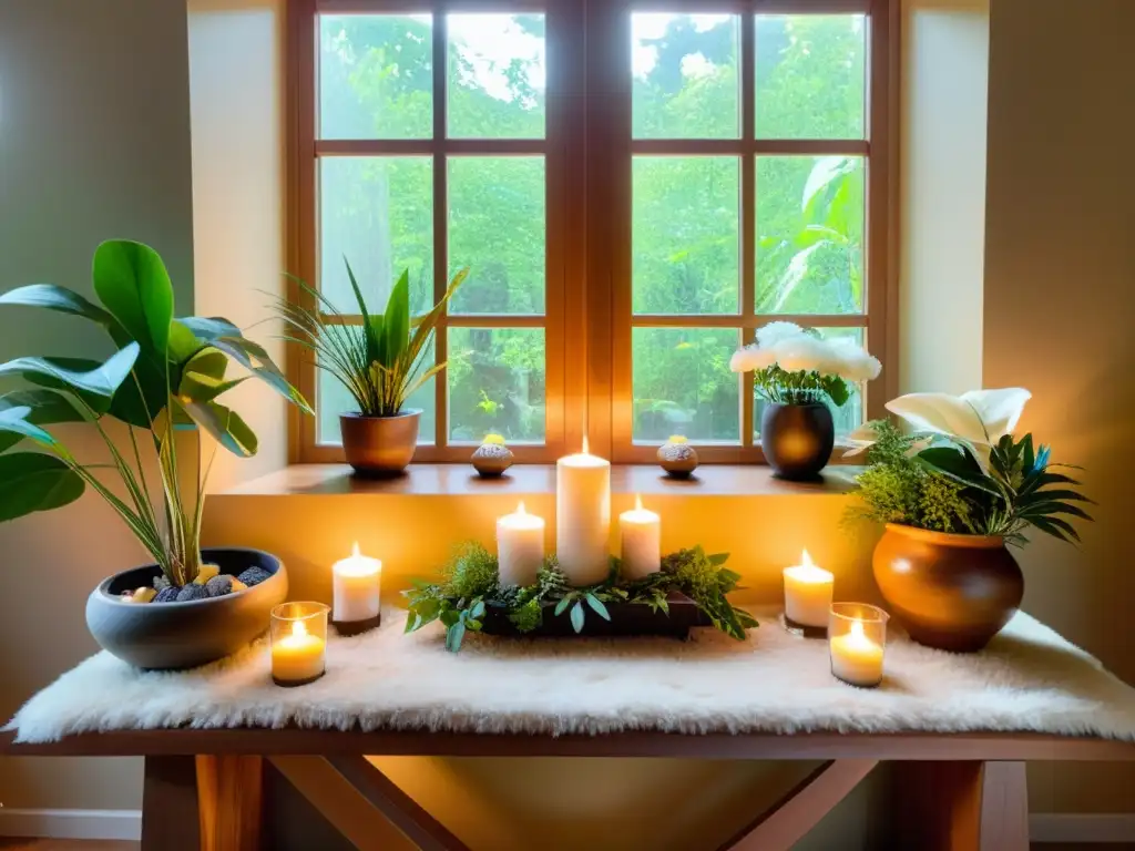 Un santuario hogareño iluminado por el sol, con plantas, flores frescas y un altar de madera con cristales, velas y vegetación estacional