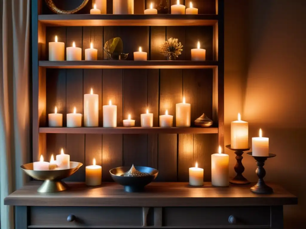 Un santuario de paz iluminado por velas de colores y objetos simbólicos, evocando significado velas rituales culturas