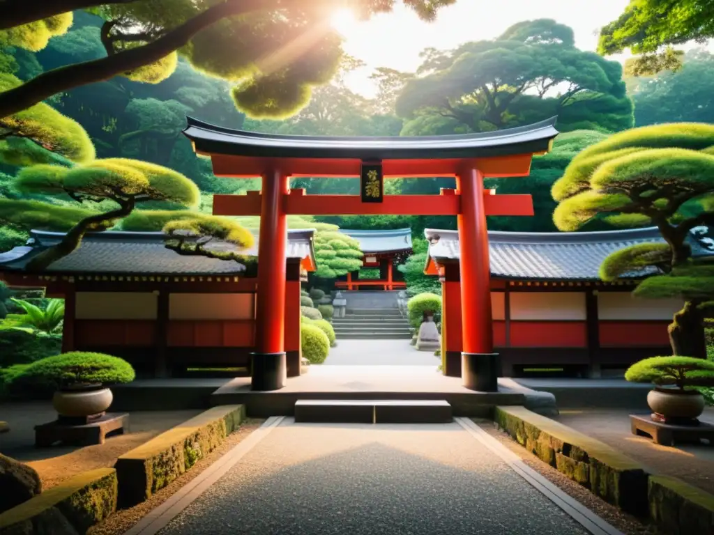 Un santuario tradicional Shinto rodeado de exuberante vegetación, con un torii que guía hacia él