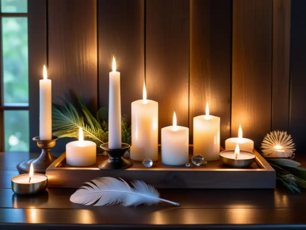 Un santuario tranquilo iluminado por velas, con objetos rituales para conservar energía en casa