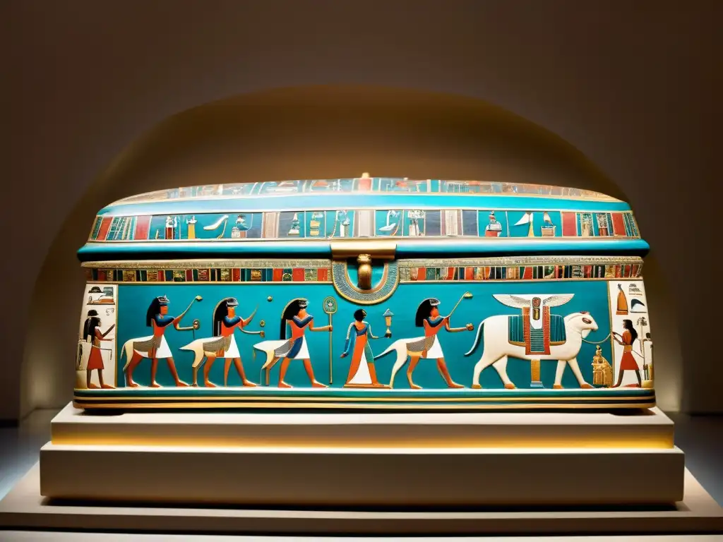 Sarcófago egipcio: joya milenaria de la vida eterna Sarcófago egipcio antiguo adornado con detalles y colores vibrantes, reflejando el ritual de momificación en la suave luz del museo