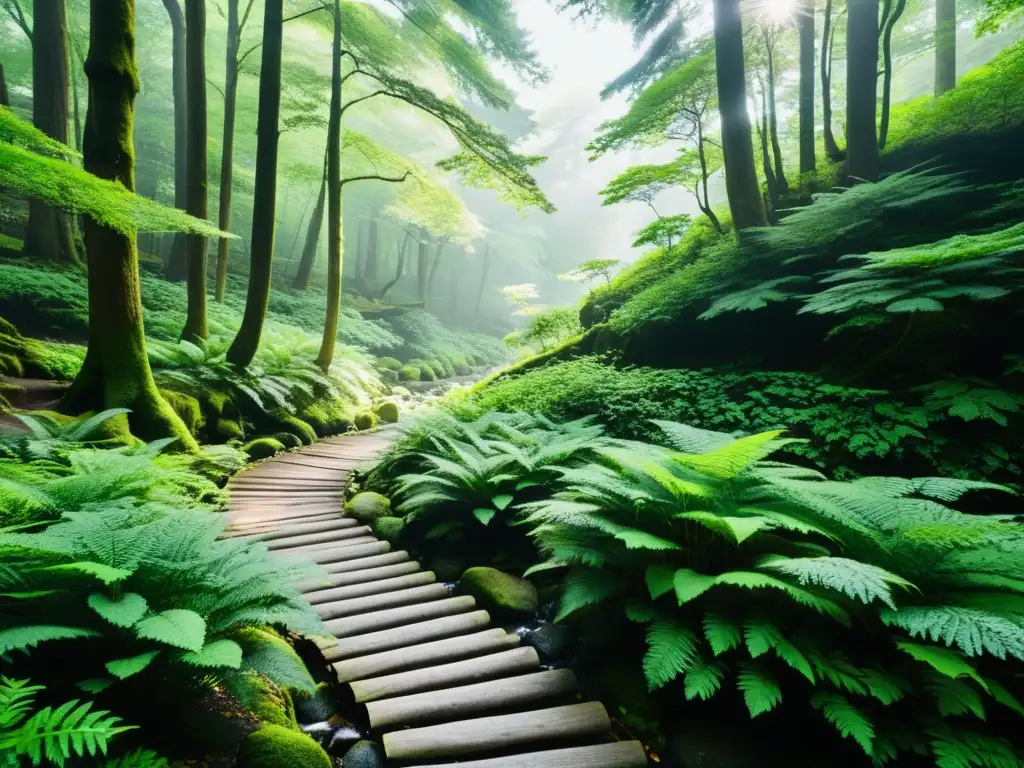 Sendero de piedra en bosque japonés, evocando rituales de baños de bosque en Japón