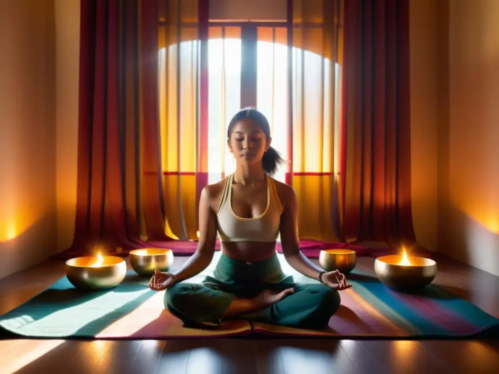 Una serena habitación iluminada por velas con una persona en meditación junto a cuencos tibetanos