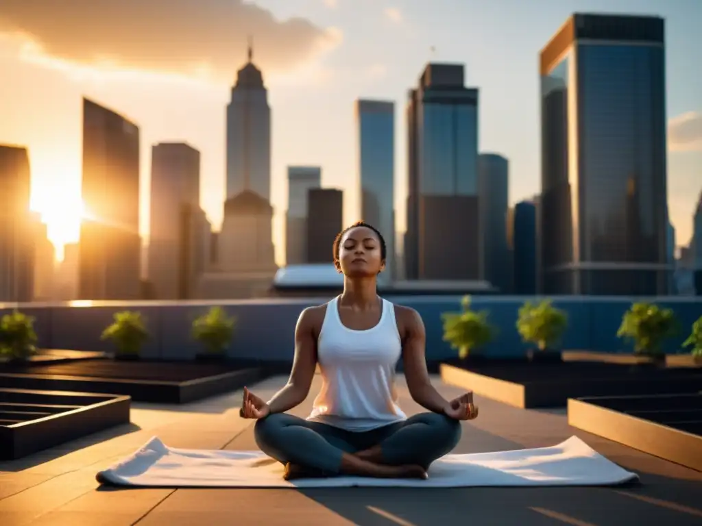 Meditación serena entre rascacielos y bullicio urbano al atardecer, para las mejores apps de meditación guiada