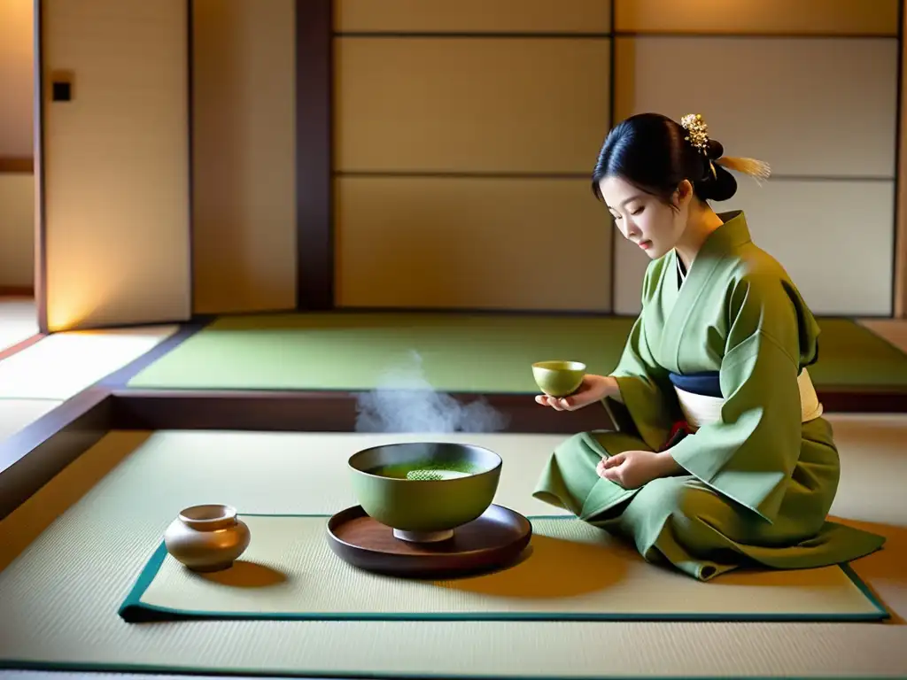 En una serena sala de tatami, se celebra una ceremonia japonesa del té