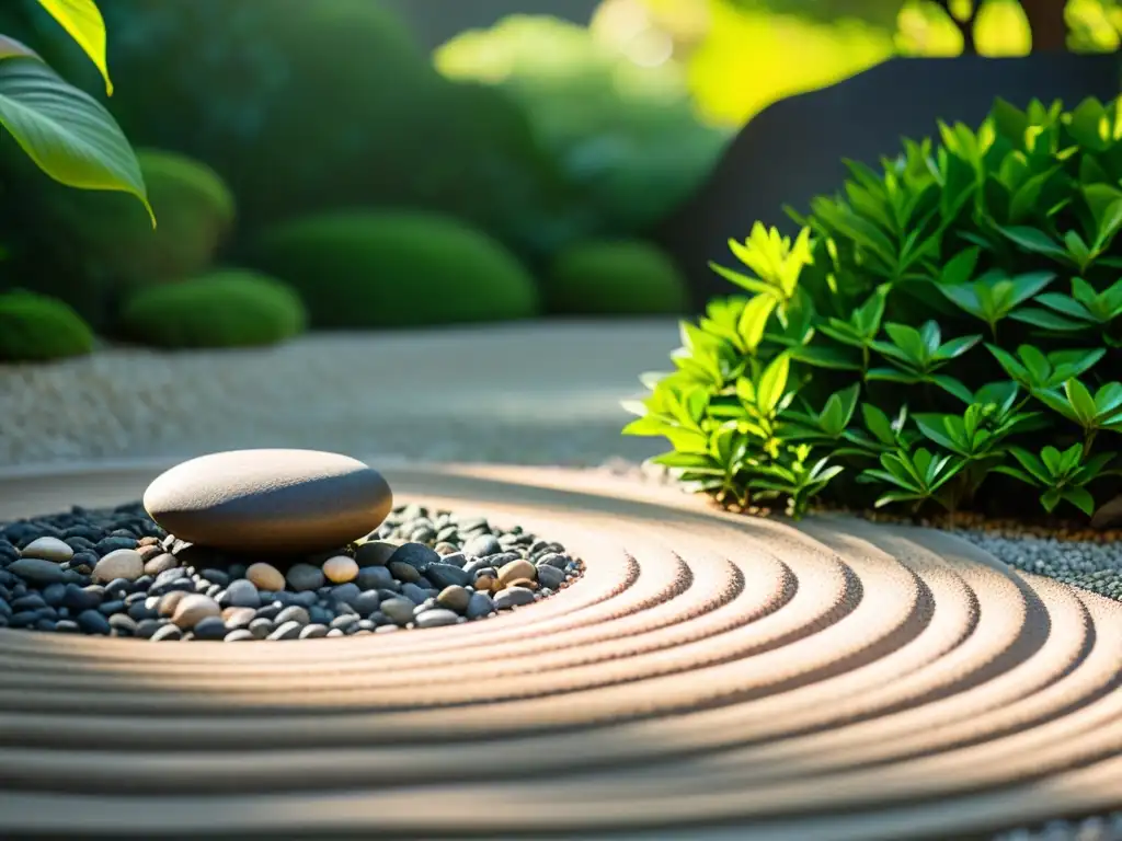 Un jardín Zen sereno con grava cuidadosamente rastrillada, rocas colocadas con precisión y exuberante vegetación