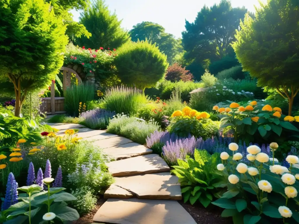 Jardín sereno con plantas sagradas para jardín meditación, sendero de piedra, flores coloridas, abejas y mariposas entre la vegetación