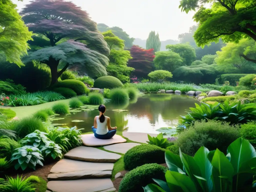 Un jardín de meditación sereno y soleado con un camino de piedra serpenteante que conduce a un estanque tranquilo