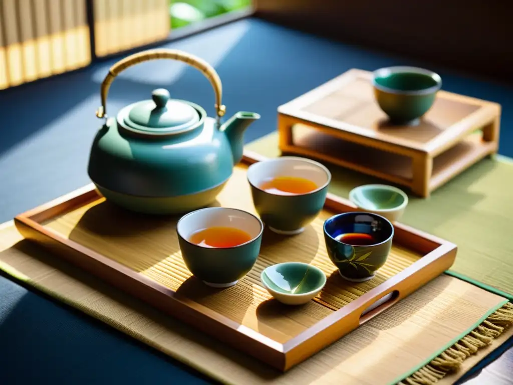 Un set de té ceremonial japonés con tazas de porcelana, una tetera pintada a mano y selección de tés vibrantes sobre una esterilla de bambú