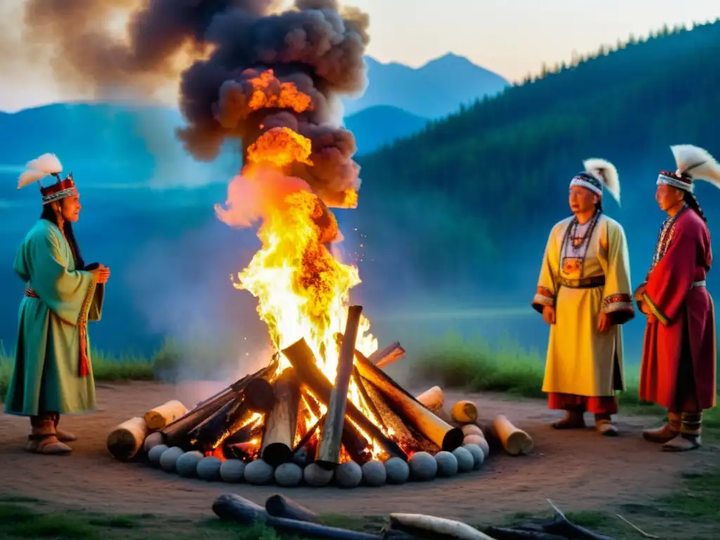 Siberian shamans realizan ritos festivales de solsticio de verano alrededor de una fogata, envueltos en sus coloridos ropajes tradicionales