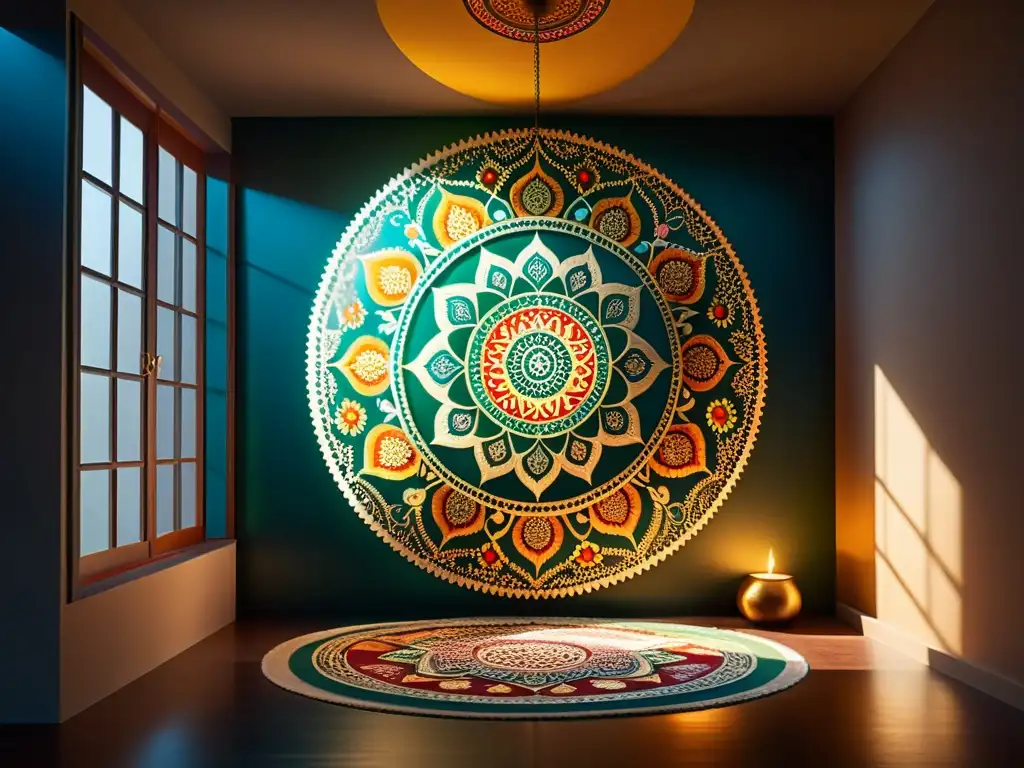 Decoración ritualística con significado: mandalas pintados a mano en una habitación serena iluminada por la luz del sol